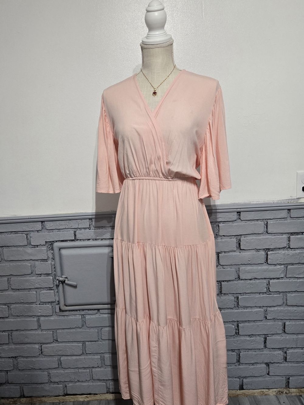 Elegant Blush Tiered Wrap Maxi Dress with Elastic Waist